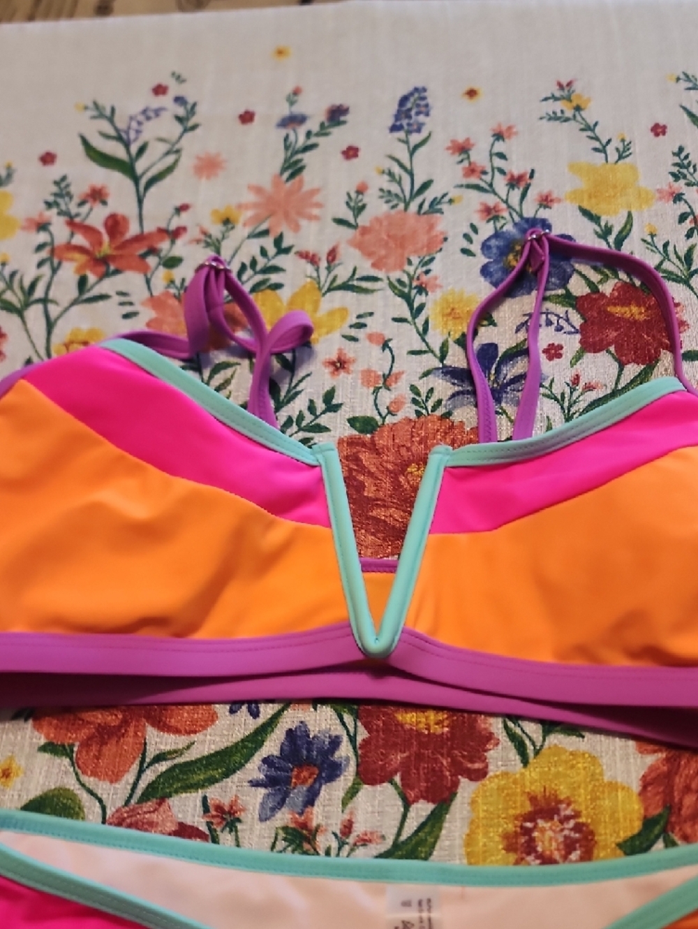 Colorblock Pink Orange Purple Bandeau Bikini - Women Swim Bikini - Picture 3 of 5